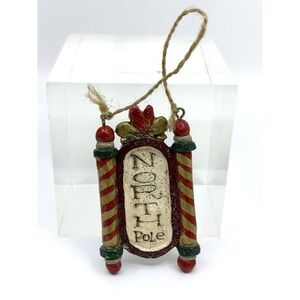 Vintage North Pole Red Green Sleigh Ornament